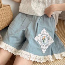 Women's Shorts Loose Wide Leg Pants Girls Japanese Retro Lace Embroidered Cotton Linen Elastic Waist Slim Smmer Short Trousers