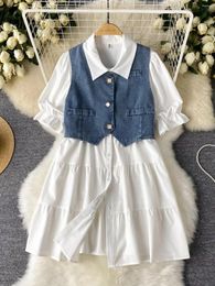 Party Dresses SuperAen Summer 2024 College Fashion Bubble Sleeve Blouse Denim Vest