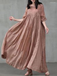 Party Dresses Summer Women 2024 Casual Fashion Solid Colour Round Neck Pleated Cotton Linen Long Dress Elegant For Robe