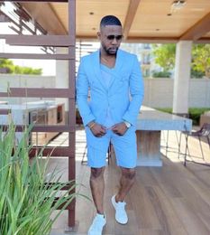 Men's Suits Fashion Casual 2 Pieces Blue Groomsman Wedding Men Short Pants Slim Fit Beach Summer Groom Tuxedos Party Male Blazer 2024