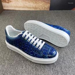 Casual Shoes Authentic Crocodile Skin Unisex Hand Painted Blue Color Men's Board Genuine Alligator Leather Male Lace-up Walking Flats