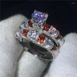 Wedding Rings Heart Shape Ring Set Promise Enagement Band For Women Men Zircon Cz Silver Color Finger Jewelry