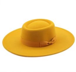 Berets 95 Cm Wide Brim Plain Black Flat Top Hat Boater Women Wool Fedora Felt Hats With Bowknot Vintage Wedding Panama CapBerets 5383057