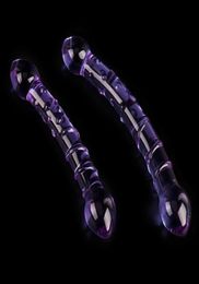 Double Ended Dildo Crystal Purple Pyrex Glass Dildo Artificial Penis Granule Spiral G Spot Simulator Adult Sex Toys for Woman Y1811806071
