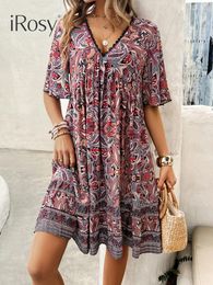 Party Dresses 2024 In Summer Paisley Print Boho Viscose Dress For Women Casual Loose Short Sleeve Deep V Neck Bohemian Vacation