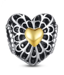 925 Sterling Silver Charm Openwork Gold Hearts European Floating Charms Bead Fit Chain Bracelet DIY Jewelry6798185