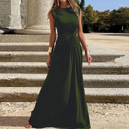 Casual Dresses Summer Elegant Twisted O-neck Party Dress 2024 Women Sleeveelss Solid Long Fashion Hight Waist Pleated Maxi