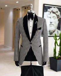 Men's Suits Houndstooth Suit 2 Piece Collar Jacket Black Pants Wedding Groom Tuxedo Custom Size Blazer For Men