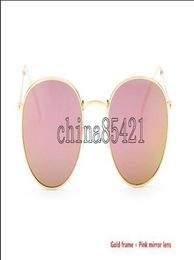 Top Quality Men039s Women039s alloy Sunglasses Retro Round Eyewear Gold Frame Pink Mirror Glass Lens 50mm With Brown Case1518371