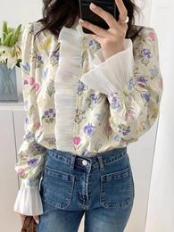 Women's Blouses Floral Shirts Women Casual Long Sleeve Blouse Female French Elegant Ruffle Collar Tops Ladies Vintage Single Breasted Blusas