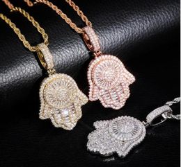 Iced Out Hand of Fatima Hamsa Pendant Necklace CZ Copper Top Quality Cubic Zircon Bling For Men Women Hip hop gifts9614811