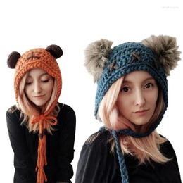 Berets Cartoon Bear Hat Girls Headgear For Outdoors Knit Warm Bonnet Large Ears Winter Beanie Accessories