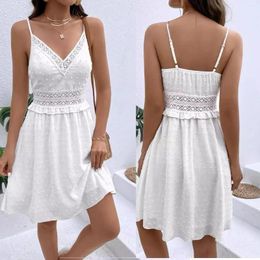 Casual Dresses Women Sleeveless Slip Dress Jacquard Ruffled V Neck Suspender White Lace Sexy Party Vestidos Tiered Backless Short