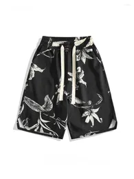 Men's Shorts Braided Drawstring Floral All-over Hem Slit Sports Trendy Summer Casual Loose Elastic Waist Medium Pants