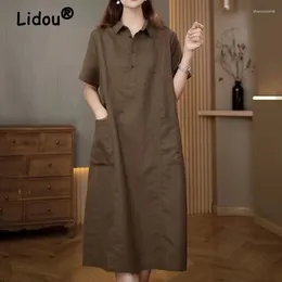 Party Dresses Women's Vintage Streetwear Cotton Linen Shirt Midi Dress Y2K Female Summer Korean Simple Casual Short Sleeve Loose Robe