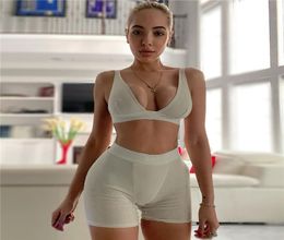 Sporty Casual Workout Two Piece Set Women V Neck Backless Tank Top And Shorts Sets Sleeveless Street Style Active Wear4735803