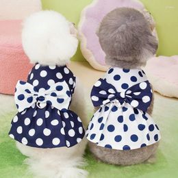 Dog Apparel Bowknot Dress Summer Dot Pattern Navy White Cat Clothes For Small Dogs Chihuahua Puppy Kotten Sleeveless Skirt Dresses L