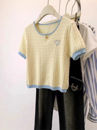 Women's T Shirts Love Embroidered Ice Silk Knitted Short Sleeve T-shirt Women Summer 2024 Design Sense Shoulder Top