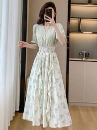 Party Dresses Elegant Summer Dress Ruffles A-line Patchwork Midi For Women Puff Sleeve V-neck Casual Floral Print One Piece Vestido