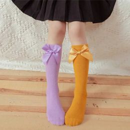 Kids Socks 100% Cotton Lace Tube Kids Sock Newborn Baby Socks Toddlers Girls Big Bow Knee High Long Soft Children Socks For 0-5 Years Old Y240504