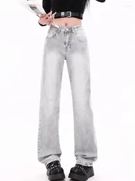 Women's Jeans Washed Light Grey Narrow Straight Vintage Street Cool Girl High Waist Regular Pants Female Casual Denim Trousers