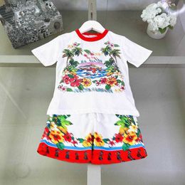 Classics baby tracksuits Summer kids designer clothes Size 90-150 CM Vacation style pattern design round neck T-shirt and shorts 24April