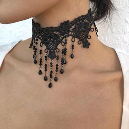 Choker Gothic Lace Necklace Black Crystal Tassel Collar Sexy Waterdrop Pendant Clavicle Chain Halloween Jewellery Gift