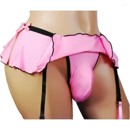 Underpants Men Nightclub Male T-back G-string Sexy Briefs Fashion Ruffled Decor Thongs Suspender Sock Clip Underwear