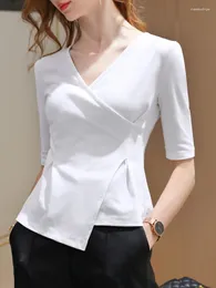 Women's T Shirts 2024 Casual Short Sleeve Women Latest Fashion Summer Sexy Cross V Neck Cotton Work Tops