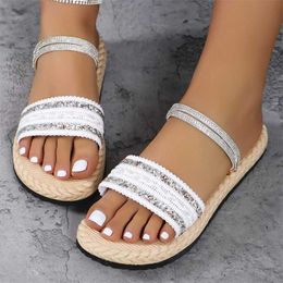 Slippers 2024 New Summer Fashionable Comfortable and Casual Soft-soled Thick-soled Rhinestone Flat-soled Wear-resistant Womens H240504