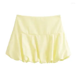 Skirts YENKYE Women Lemon Yellow Side Zipper Mid Waist Balloon Mini Skirt Summer Faldas Para Mujeres