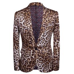 Fashion Leopard Print Blazer Jacket Men One Button Slim Fit Nightclub Bar Suit Blazer Male Stage Singer Rock and Roll Costumes 2342