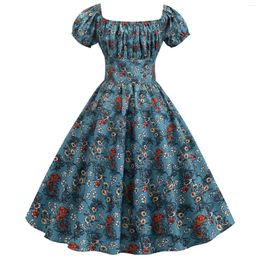 Casual Dresses Vintage Floral Print Summer Dress Women 1950s 60s Swing Pinup Rockabilly Robe Femme Square Collar Party Vestidos