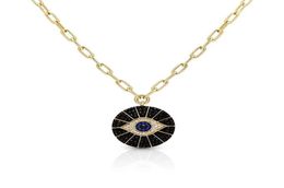 Gold filled black cubic zirconia round coin evil eye pendant necklace wide open link chain for women 2010144230756