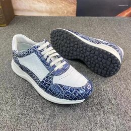 Casual Shoes Authentic Exotic Crocodile Skin Hand Painted White Blue Mixed Color Men's Sneakers Genuine Alligator Leather Male Lace-up Flats