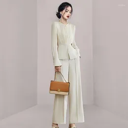 Women's Two Piece Pants Spring Summer Office Ladies 2 Suits 2024 Elegant Women O Neck Long Sleeve Ruffles Tops Pockets Work Wide-Leg