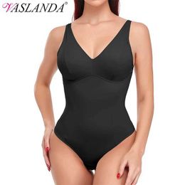 Kvinnors jumpsuits Rompers DP V Neck Shapewear Bodysuit thong shaper för kvinnor midja tränare body shaper bantning underkläder inbyggda bh camisoles topps y240504zqt5