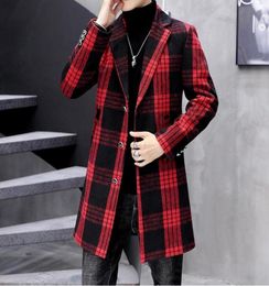 New Woollen Overcoat For Men Red Winter 2021 Plaid Long Jacket Abrigo Largo Hombre Mens Wool Trench Coat Woollen Windbreaker Men1410364