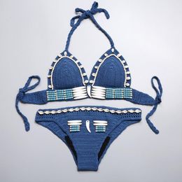 New Bohemian Women's Halter Weave Crochet Swimsuit Tankinis Bikini Set Shells Beaded Knitted Bikinis Beach Wear Swimwear Bathing Suit C2951 303k