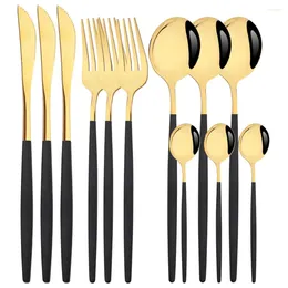 Dinnerware Sets 12Pcs Stainless Steel Silverware Set Black Gold Western Knife Fork Spoon Mirror Tableware Wedding Cutlery