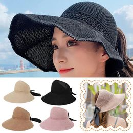 Wide Brim Hats Summer Sun Hat Fashionable Travel Bow Women's Holiday Protection Folding Beach Large Straw H0X2