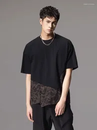 Men's Hoodies Male Fashion 2024 Summer Wear Chinese Peony China-Chic Printed Panel Round Neck Black Short Sleeve T-shirt B242111013