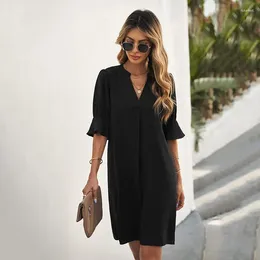 Casual Dresses Summer Chiffon Dress For Women Solid Color Loose V-neck Short Sleeved Knee Length Skirt