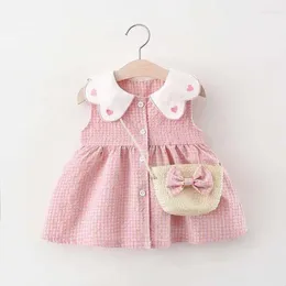 Girl Dresses Summer 2024 Toddler Dress Plaid Printed Single Breasted Cotton Baby Girls Bamboo Basket Shoulder Bag Kids