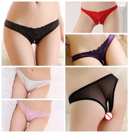 New sexy lingerie cospla Embroidered Pearl Massage Open Pants T pants Perspective low waist sexy underwear Lace thong 5 colors3320872