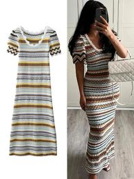 Zaba Womens Colour Clash Waist Slim Hip Dresses Fashion V-Neck Striped Crochet Short Sleeve Dress Bohemian Holiday 240423