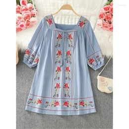 Casual Dresses Holiday Women Ethnic Style Sweet Short Dress Embroidery Tassel Tie Square Neck Vintage Fashion Vestidos Dropship