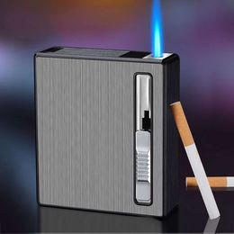 Metal Cigarette Case With Without Gas Lighter Hold 20Pcs Cigarettes Windproof Direct Iatable Flame Lighter Smoking Tools Men's Gifts