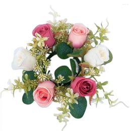 Decorative Flowers Candle Ring Wreath Elegant Artificial Rose Set With Colourful Green Leaves For Home Wedding Party