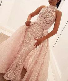 Sexy High Neck Mermaid Prom Dresses 2020 Design Blushing Pink Lace Overskirt Formal Gowns vestidos de fiesta8105809